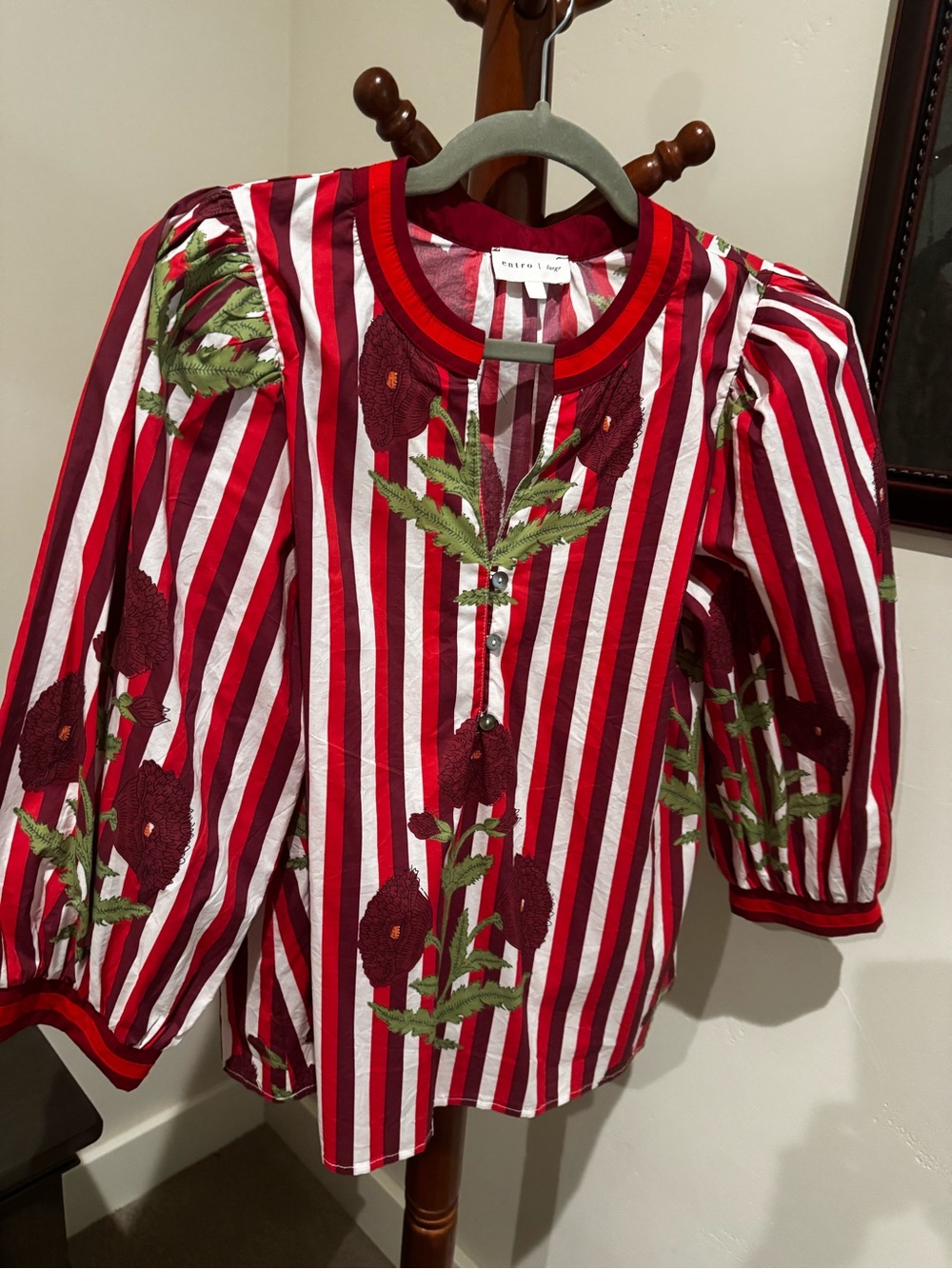 Red & White Striped Floral Embroidered Blouse